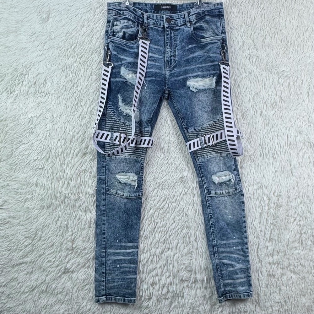 Solutus Distressed Moto Jeans with Detachable Suspender Straps Size 34x32